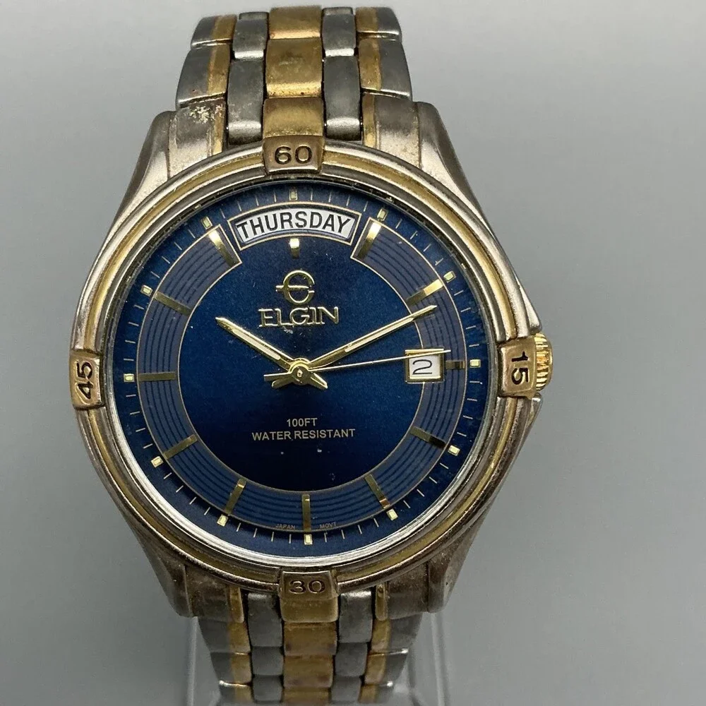 Vtg Elgin FCM215 Mens Watch 38mm Blue Dial Two Tone Day Date New Battery 7.25